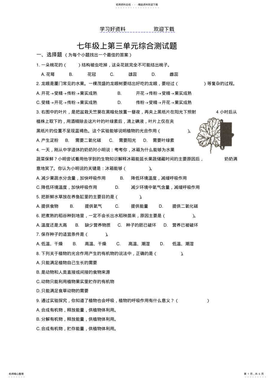 2022年七年级生物上册第三单元综合测试题 .pdf_第1页