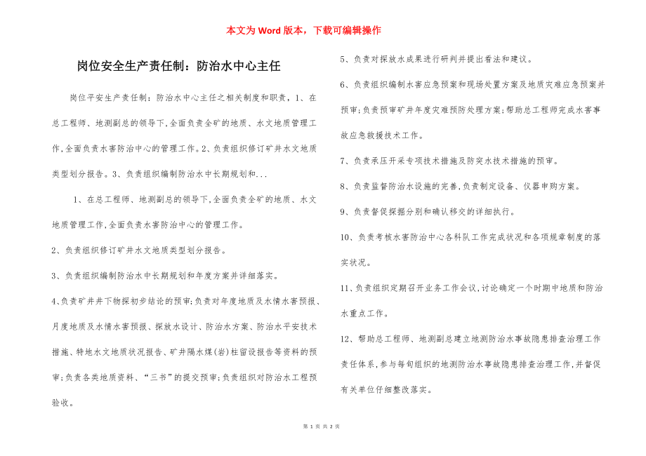 岗位安全生产责任制：防治水中心主任.docx_第1页