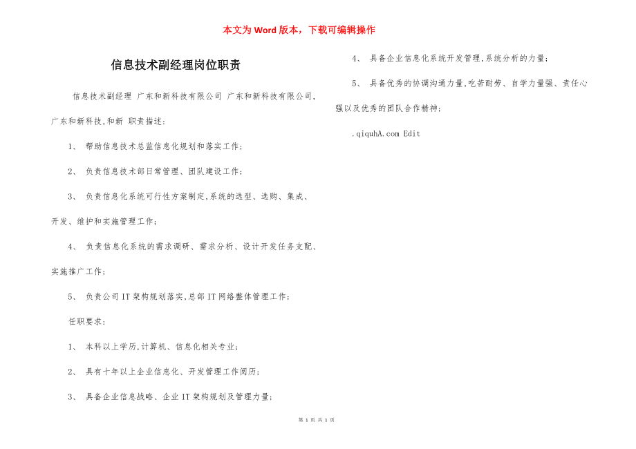 信息技术副经理岗位职责.docx_第1页