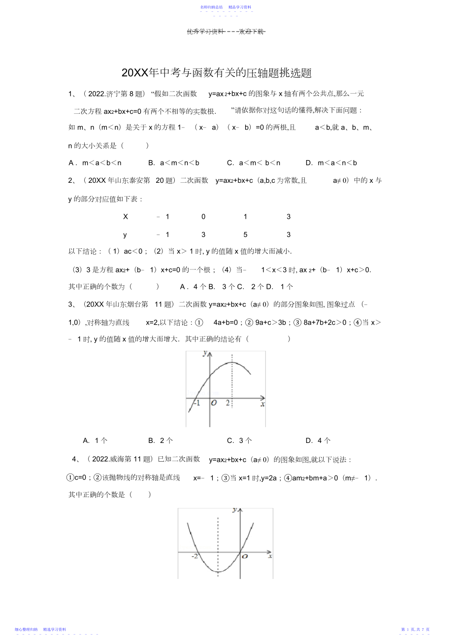 2022年与函数有关的压轴题选择题.docx_第1页