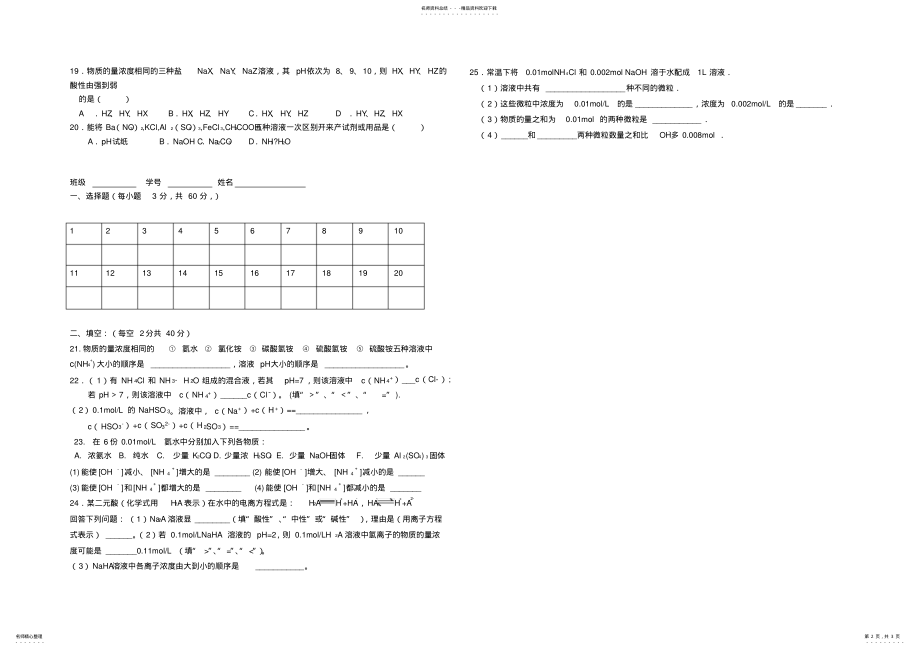 2022年盐类的水解测试题及答案 .pdf_第2页