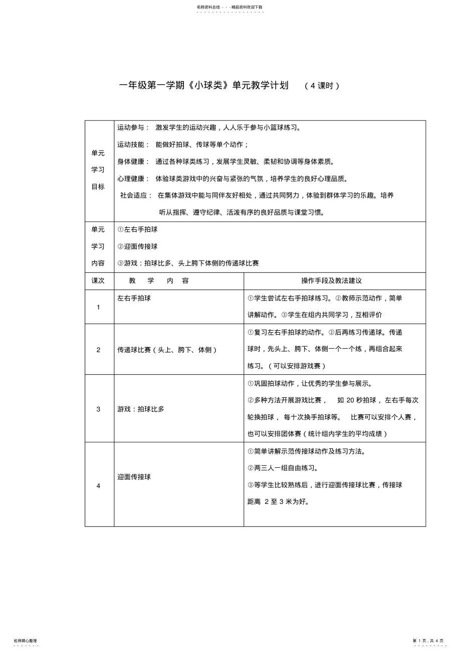 2022年一年级第一学期《小球类》单元教学计划 .pdf_第1页