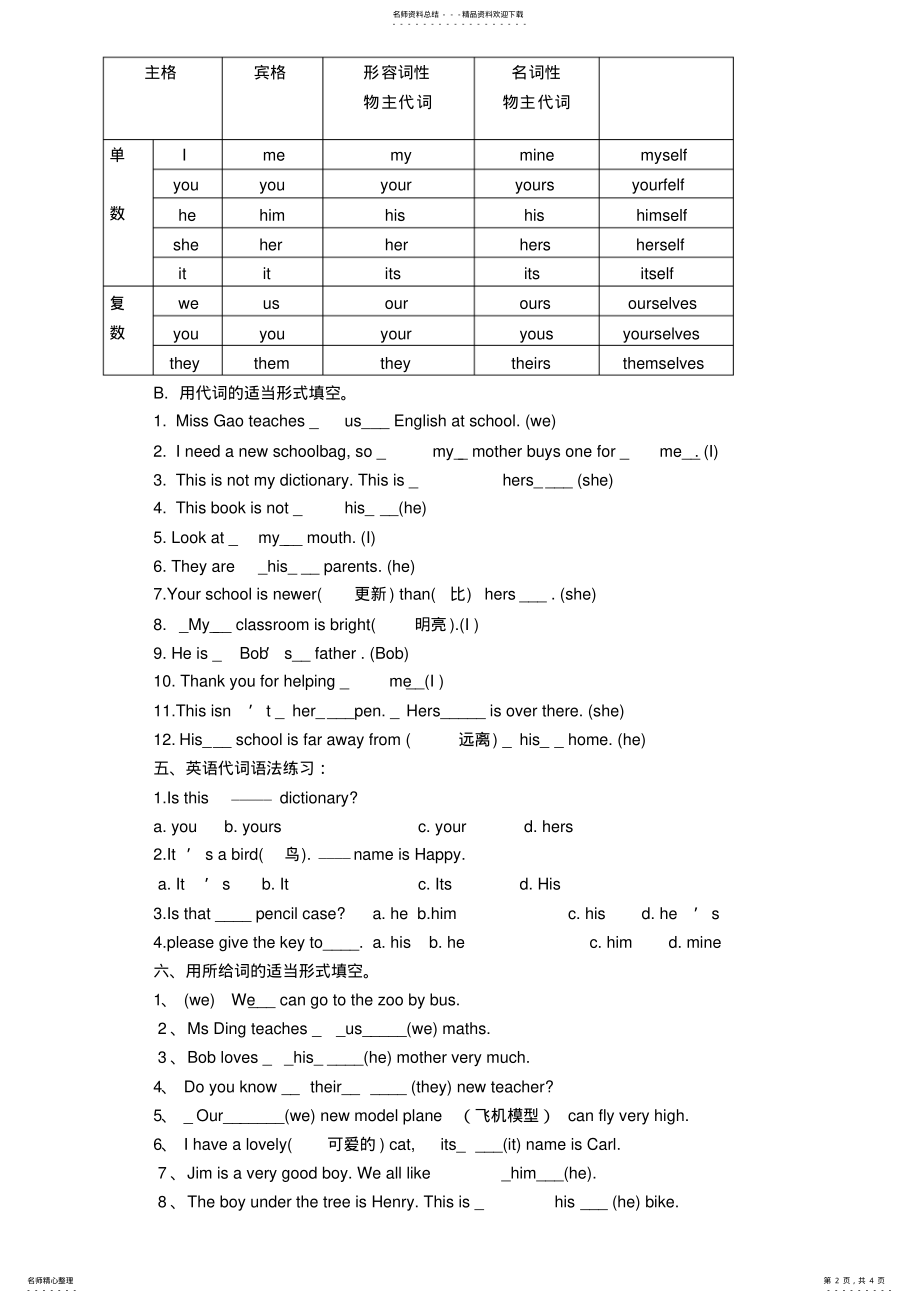 2022年七年级英语人称代词和物主代词练习题及答案 .pdf_第2页