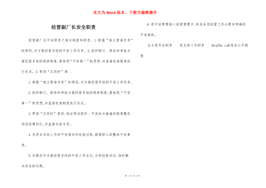 经营副厂长安全职责.docx_第1页