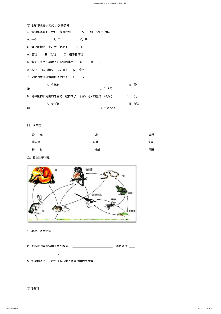 2022年湘版小学科学六年级上册一单元--生物与环境复习题 .pdf_第2页