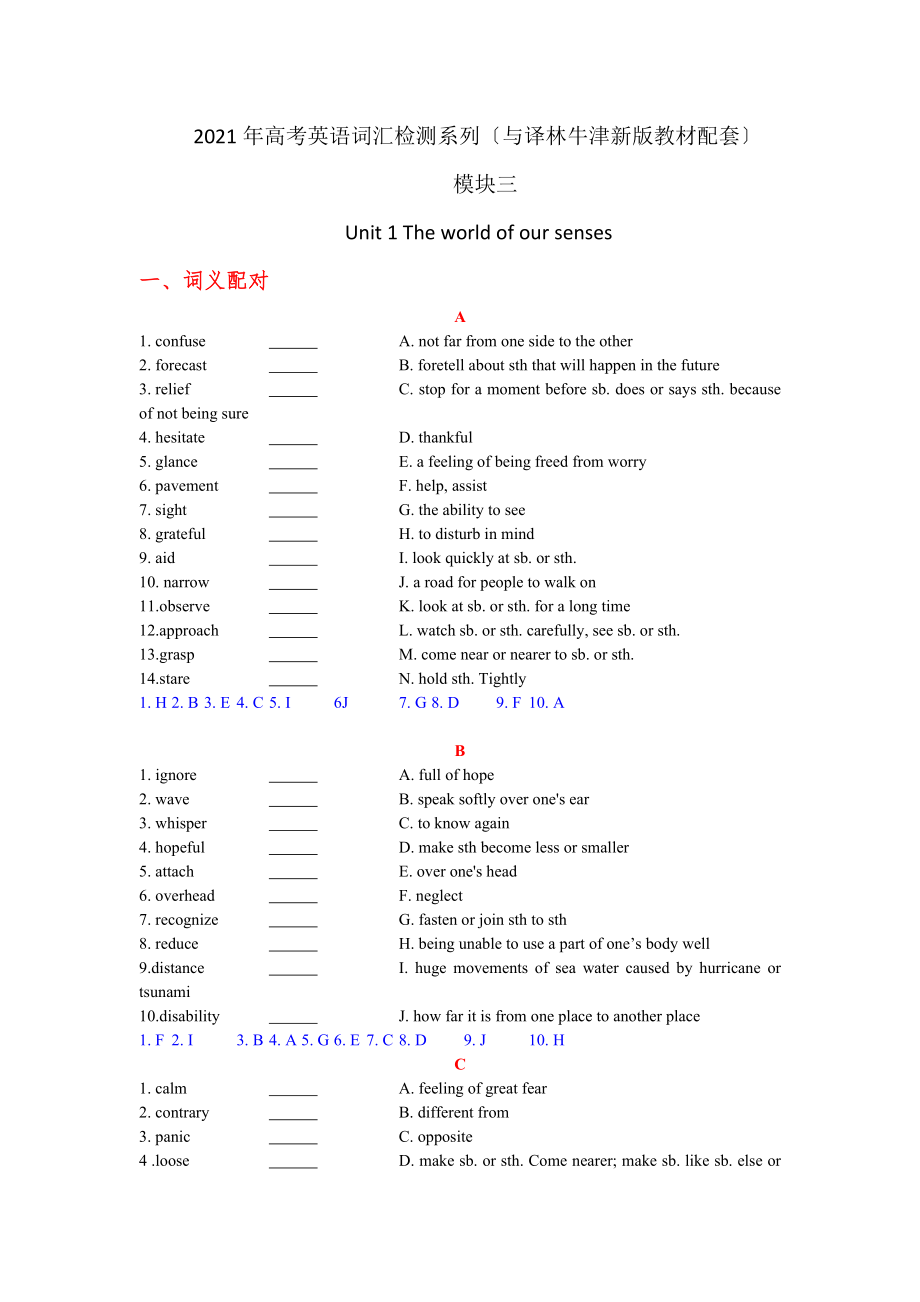 2013年高考英语词汇检测系列 模块三 Unit 1 The world of our senses与译林牛津新版教材配套教师版.doc_第1页