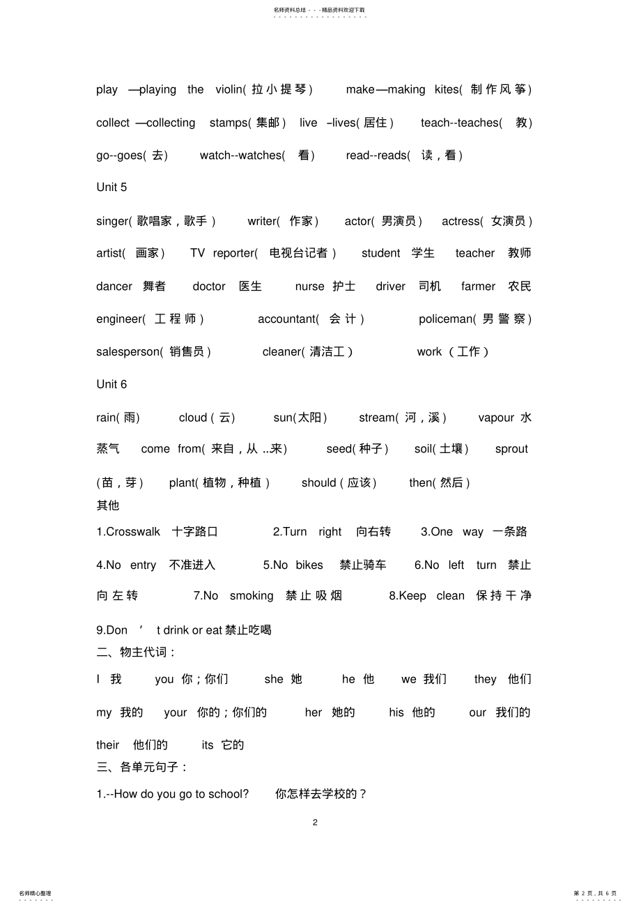 2022年pep六年级上册总复习重点句子词组单词 .pdf_第2页