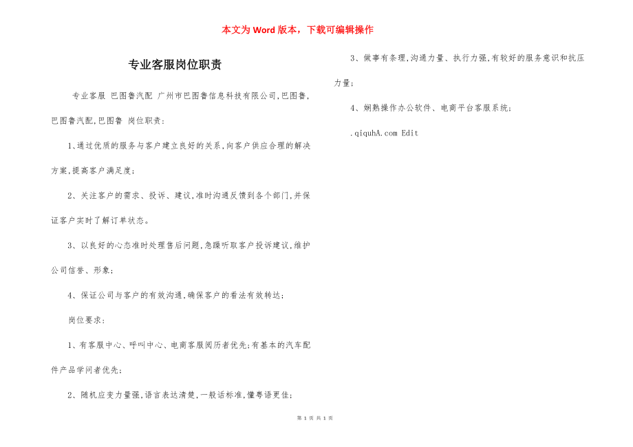 专业客服岗位职责.docx_第1页