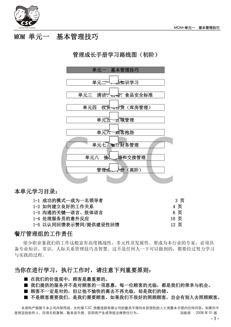 中式快捷餐厅运营餐馆门店管理 MOM1单元一基本管理技巧(改）.doc_第1页