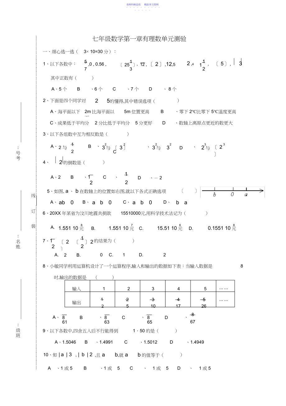 2022年七年级数学第一章有理数单元测验.docx_第1页