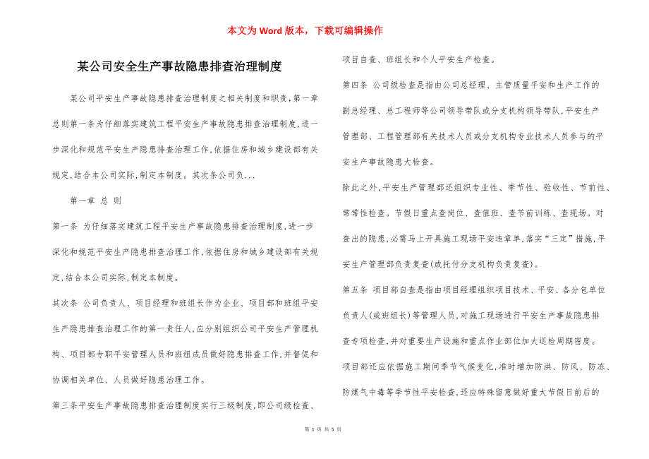 某公司安全生产事故隐患排查治理制度.docx_第1页