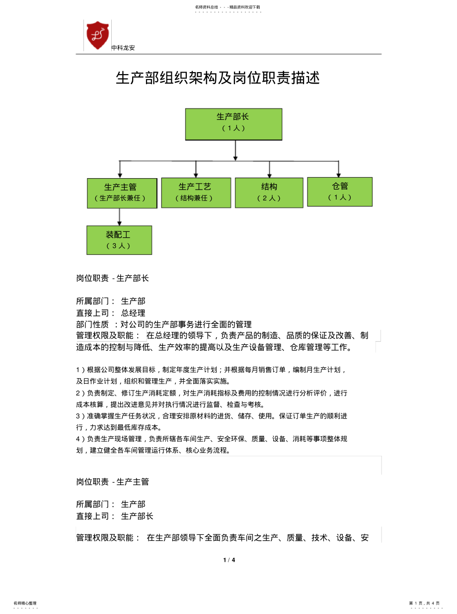 2022年生产部组织架构图及岗位职责描述推荐 .pdf_第1页