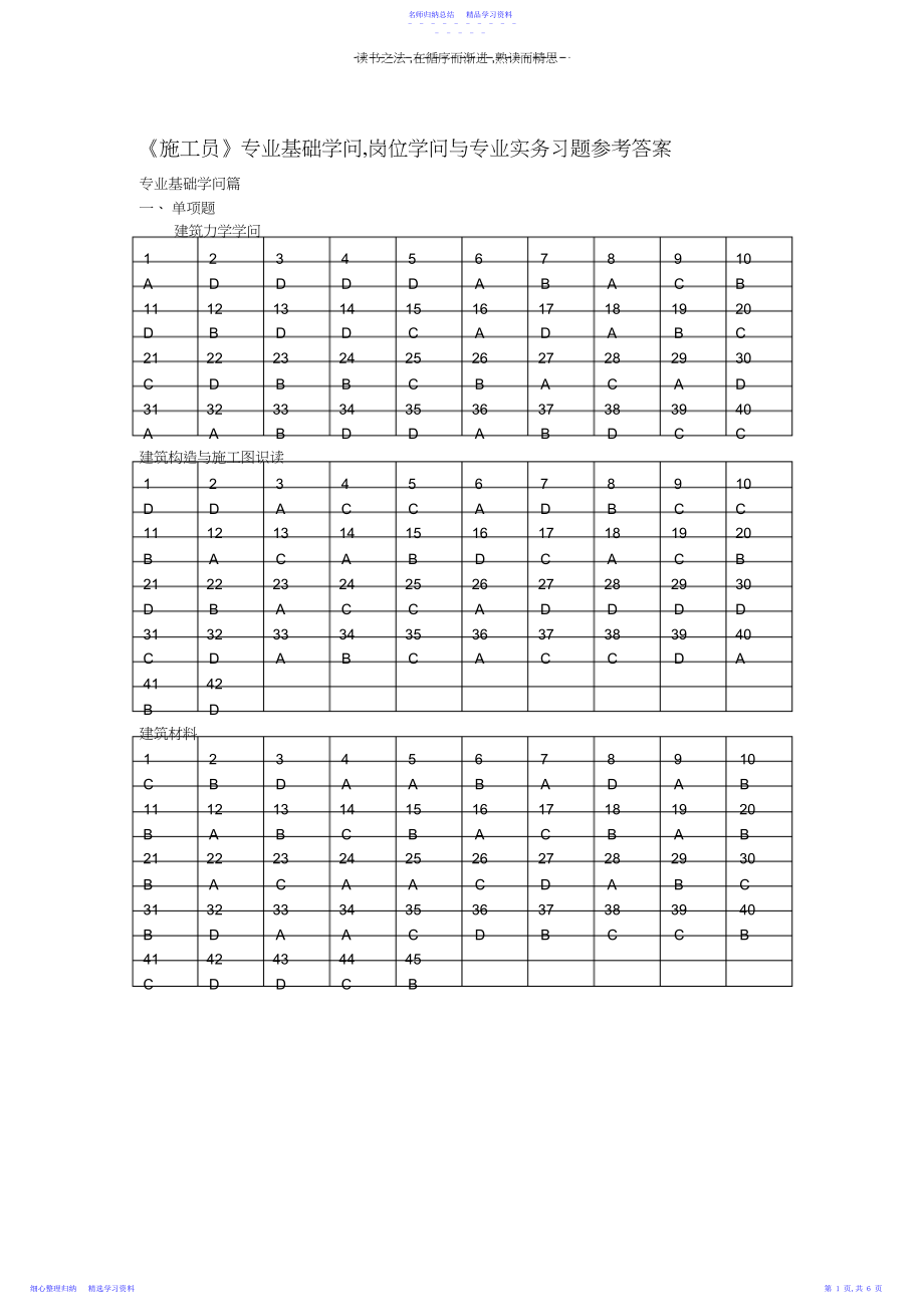 2022年《施工员》专业基础知识,岗位知识与专业实务习题参考答案.docx_第1页