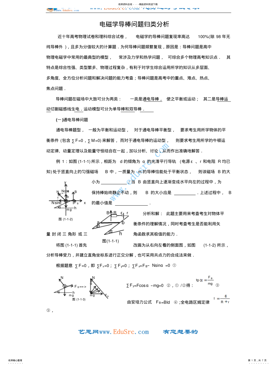 2022年物理精品：年物理总复习经典物理模型归纳全解全析--高考电磁学导棒问题归类分析 .pdf_第1页