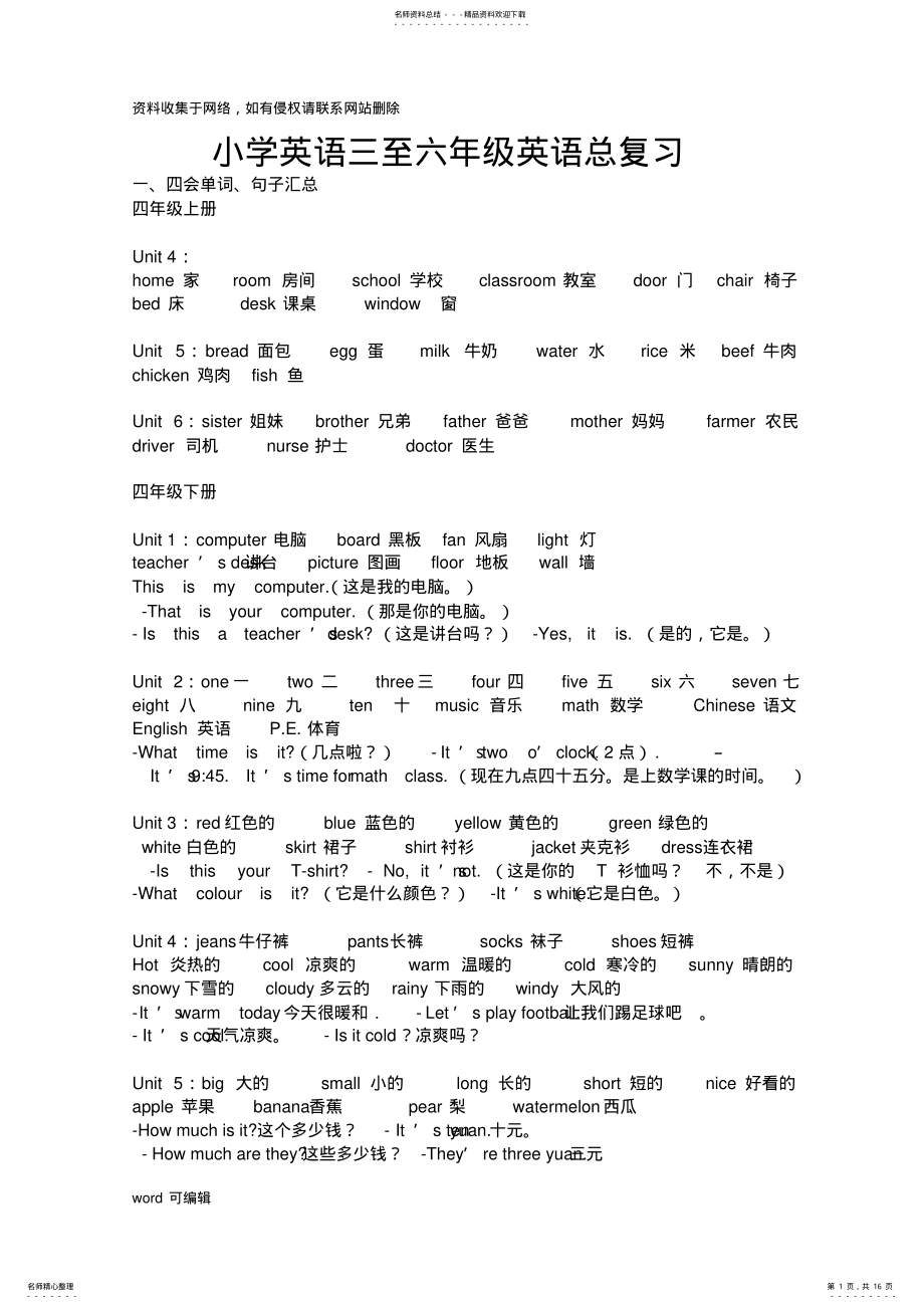 2022年PEP小学英语四会单词句子汇总复习课程 .pdf_第1页