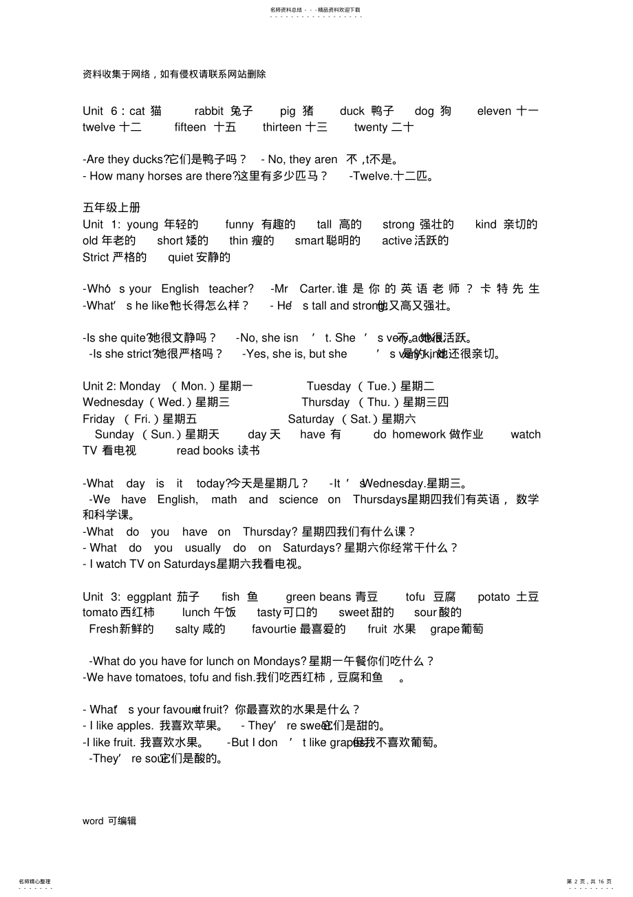 2022年PEP小学英语四会单词句子汇总复习课程 .pdf_第2页