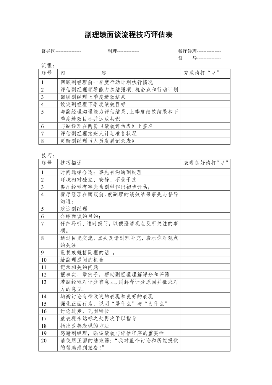 中式快捷餐厅运营饭堂实体店管理 表格 真功夫 副理绩面谈流程技巧评估表P2.doc_第1页