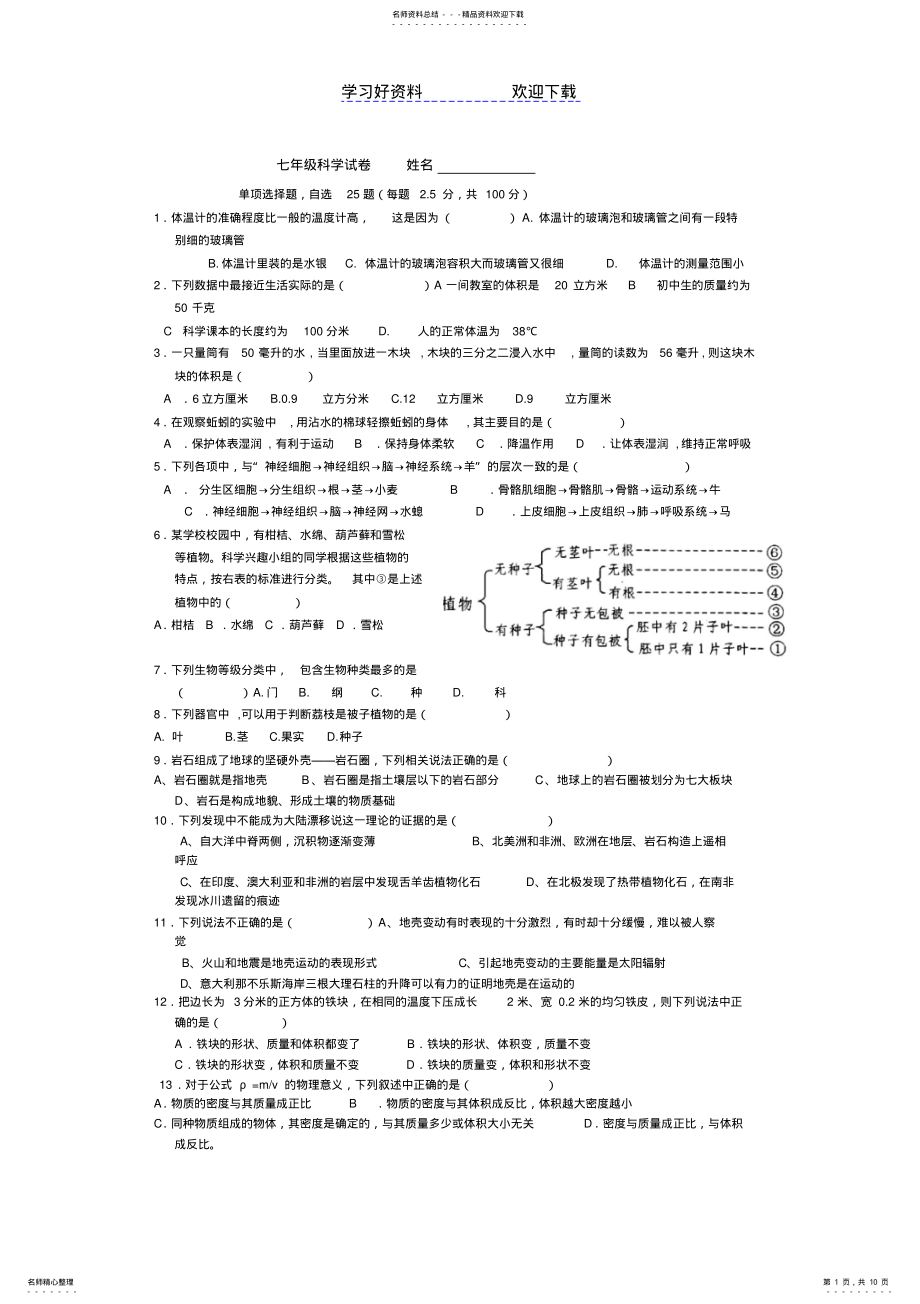 2022年七年级上册科学综合期末试卷 .pdf_第1页