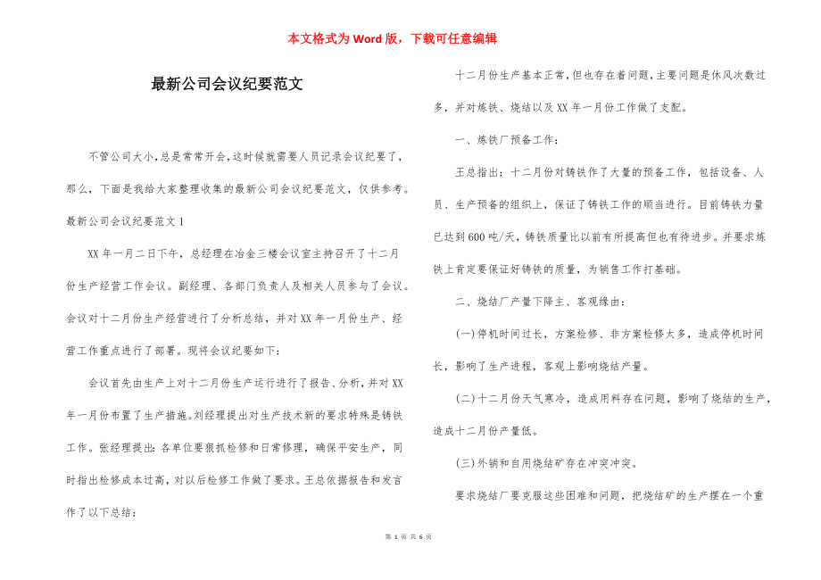 最新公司会议纪要范文.docx_第1页