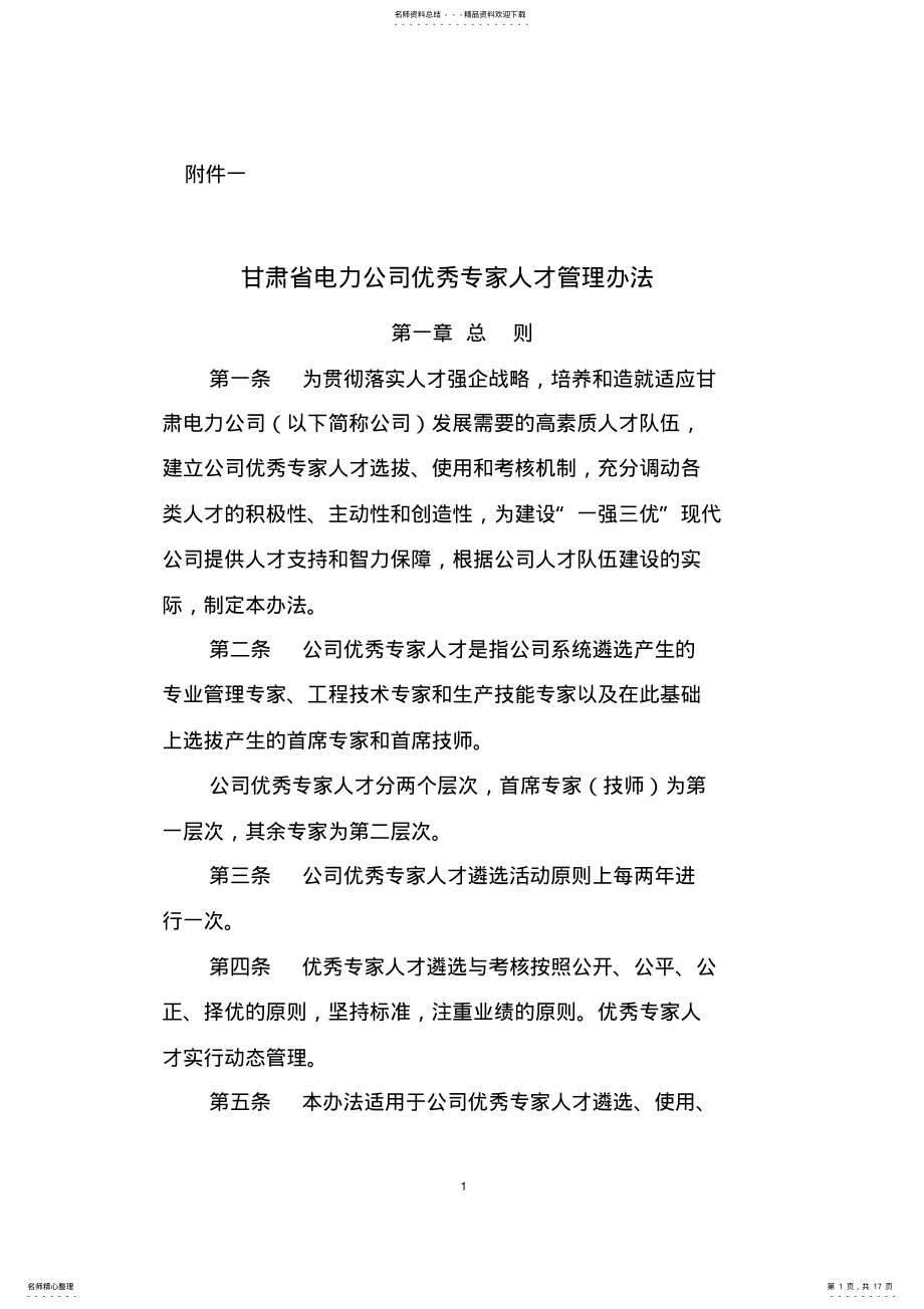 2022年甘肃省电力公司优秀专家人才管理办法 .pdf_第1页