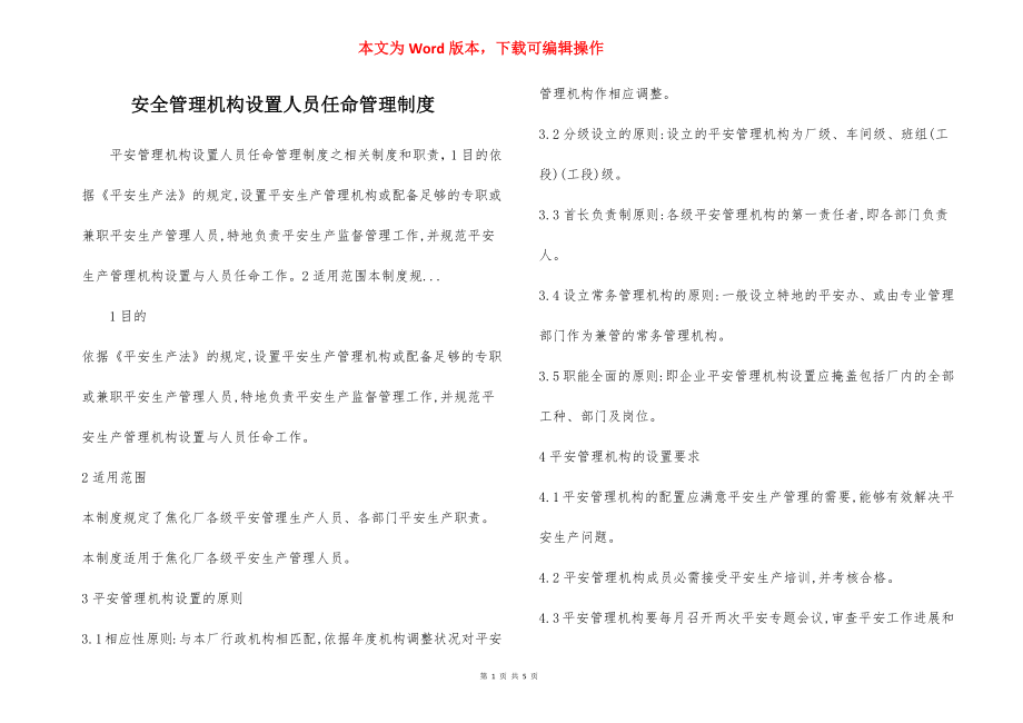 安全管理机构设置人员任命管理制度.docx_第1页