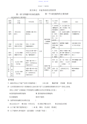 2022年七年级上册生物第二单元丰富多彩的生物世界第一章生物圈中的绿色植物复习知识点.docx