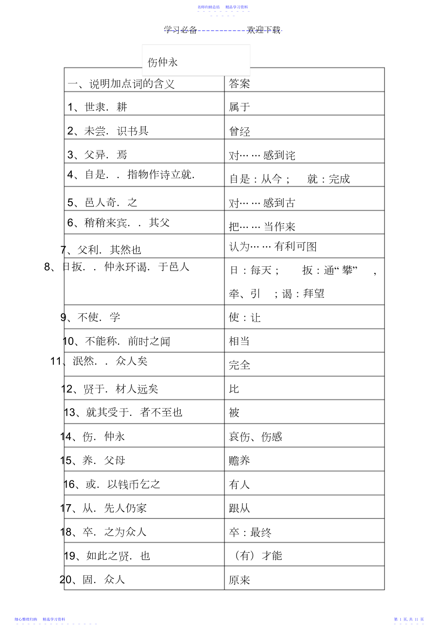 2022年七年级下册期中考试文言文知识点.docx_第1页