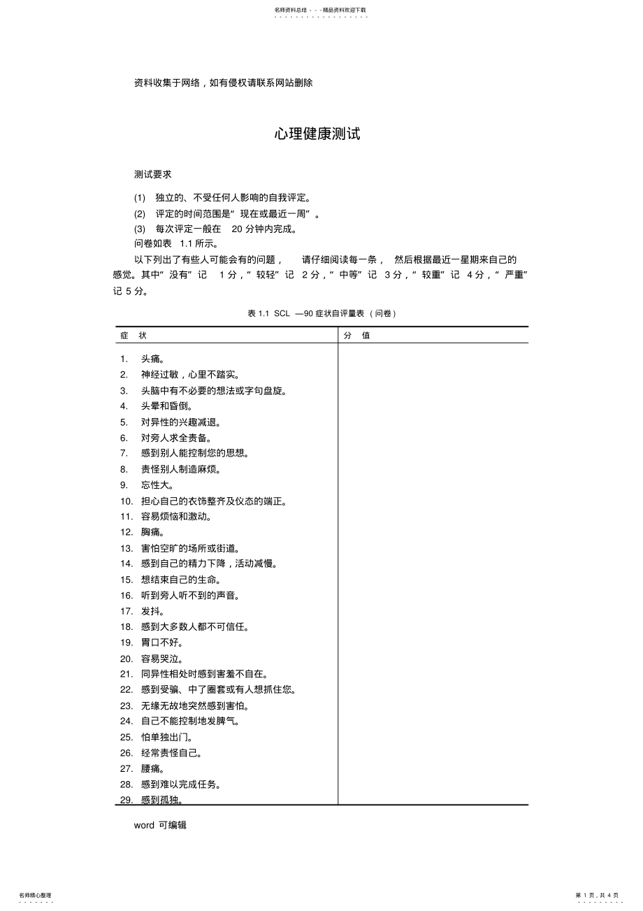 2022年SCL--心理健康测试评分表教学文案 .pdf_第1页