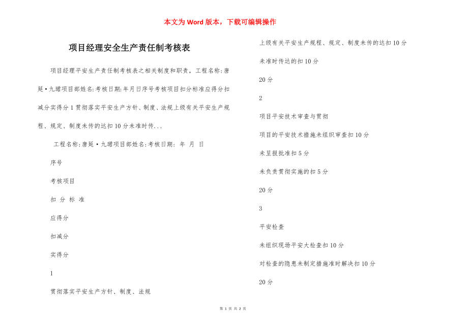 项目经理安全生产责任制考核表.docx_第1页