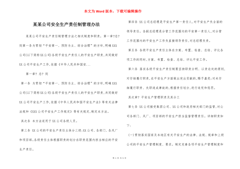 某某公司安全生产责任制管理办法.docx_第1页