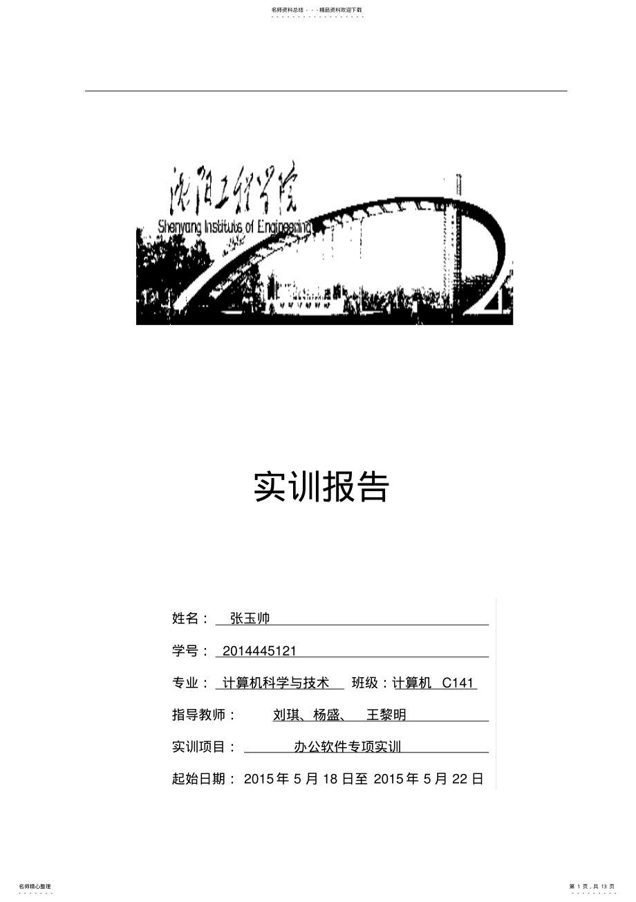 2022年《办公软件专项实训》实训报告模板 .pdf_第1页