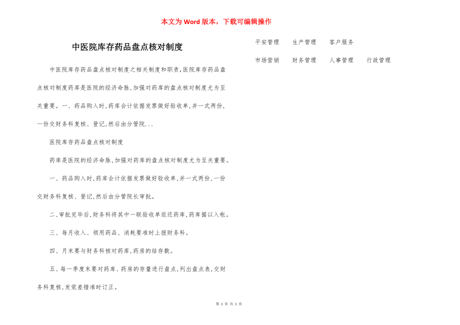 中医院库存药品盘点核对制度.docx_第1页