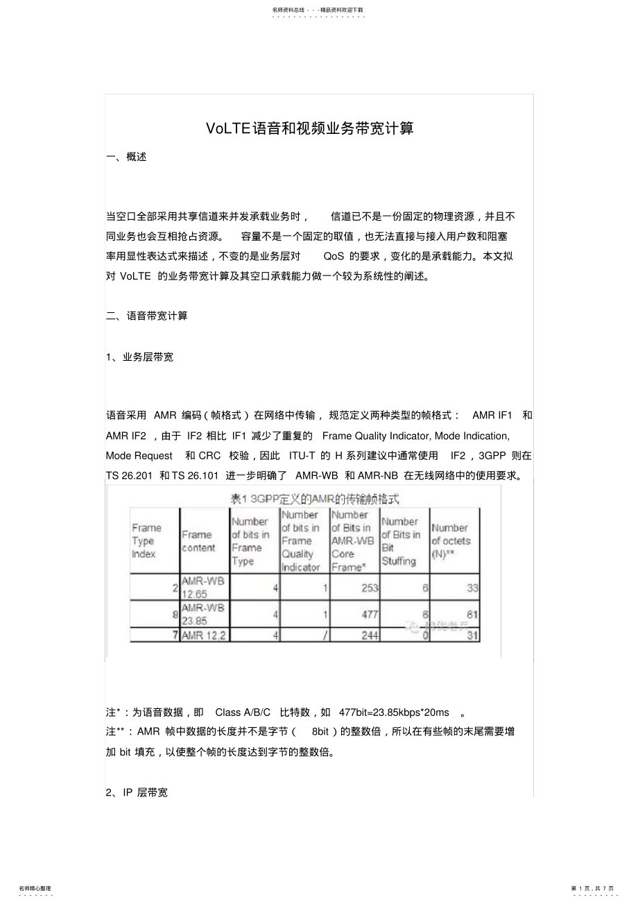 2022年VoLTE语音和视频业务带宽计算 .pdf_第1页