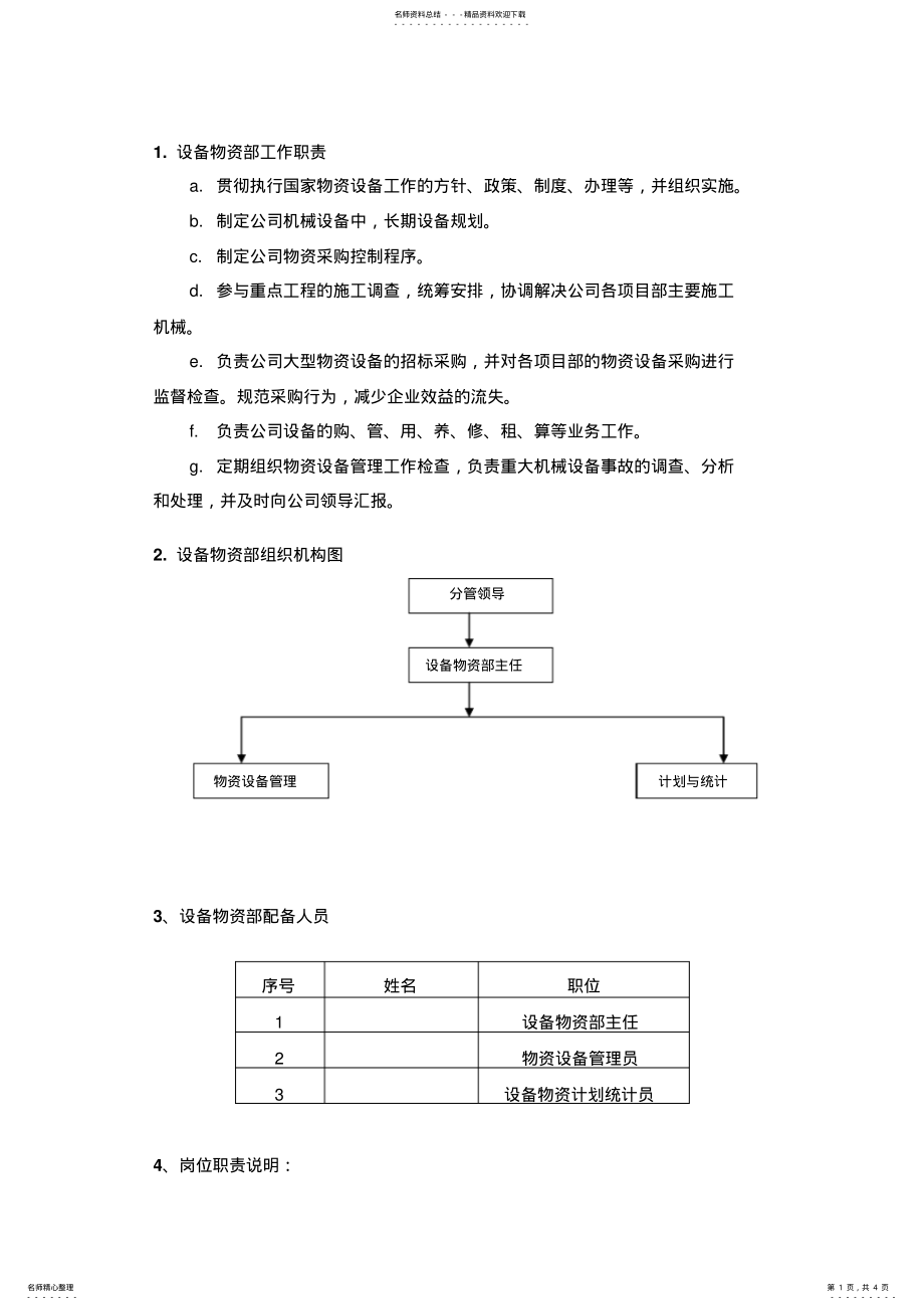 2022年物资设备部门职责及岗位职责 .pdf_第1页