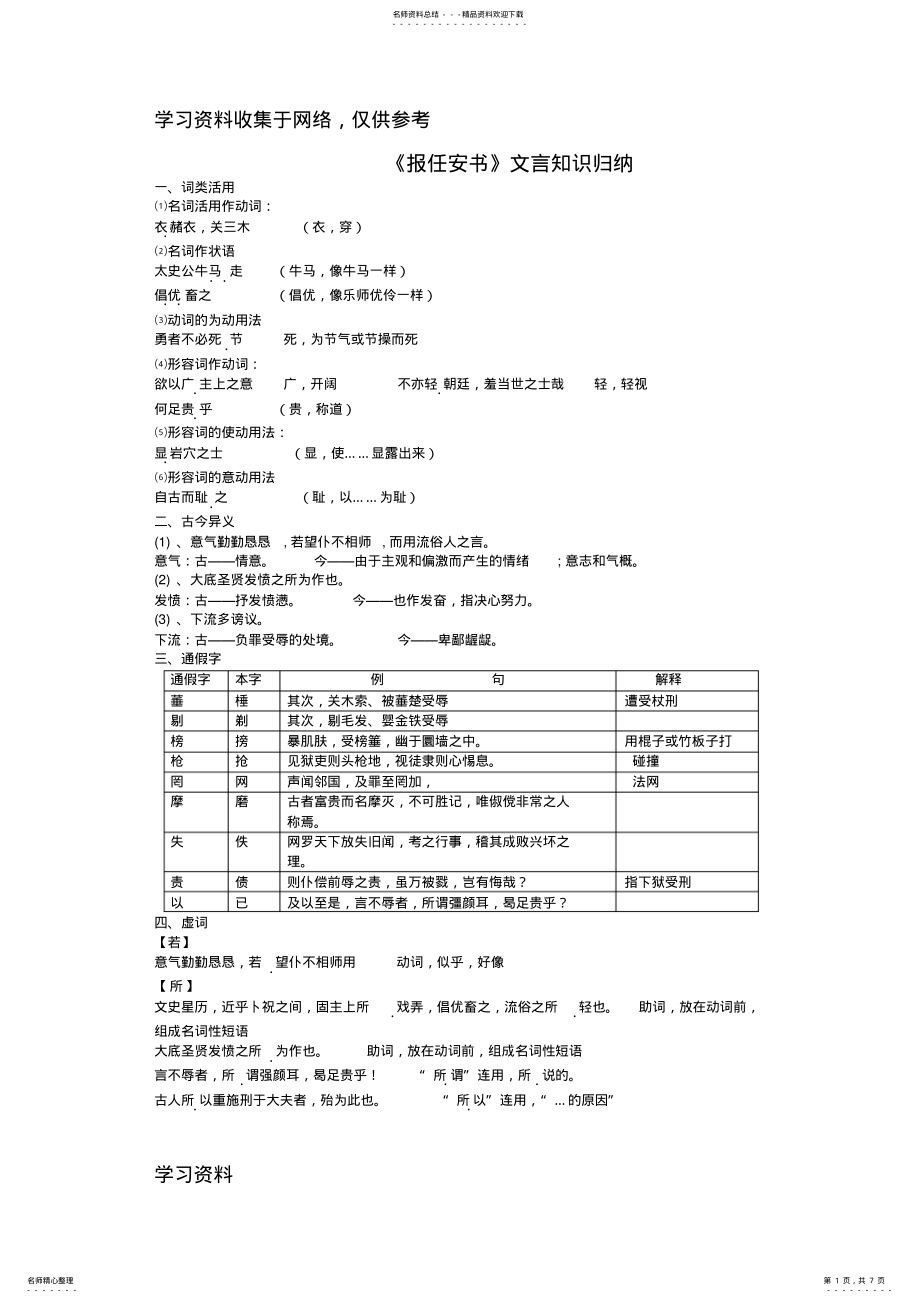 2022年《报任安书》文言知识归纳 .pdf_第1页