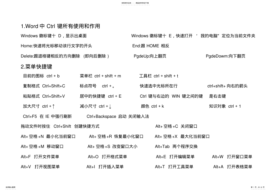 2022年Word中快捷键的作用 .pdf_第1页