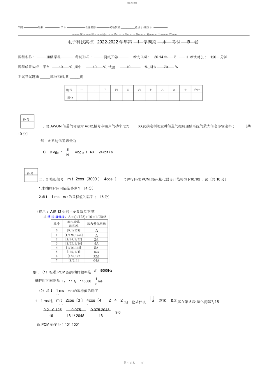 2022年电子科技大学通信原理期末考题B卷及答案.docx_第1页