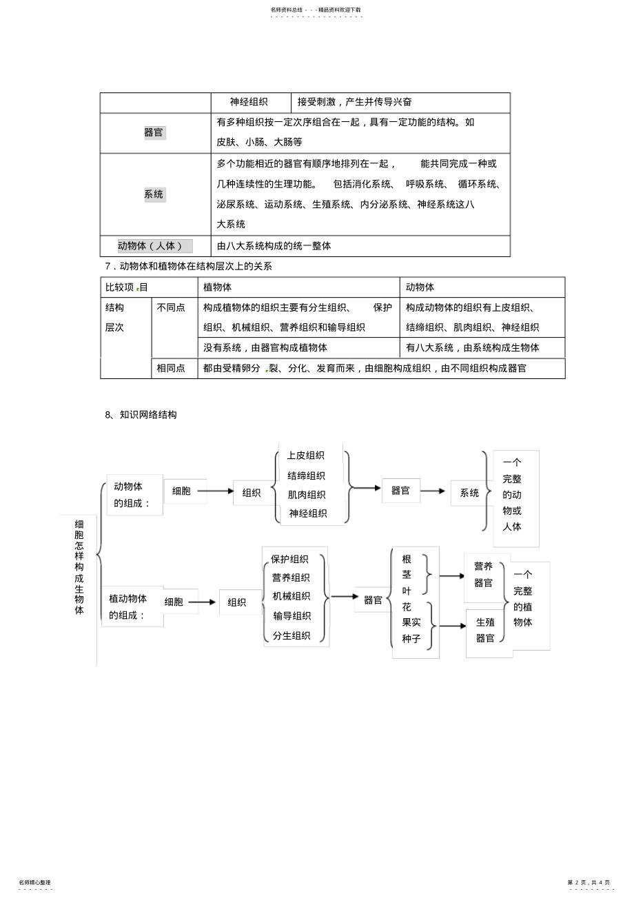 2022年秋七年级科学上册《生物体的结构层次》教案浙教版 .pdf_第2页