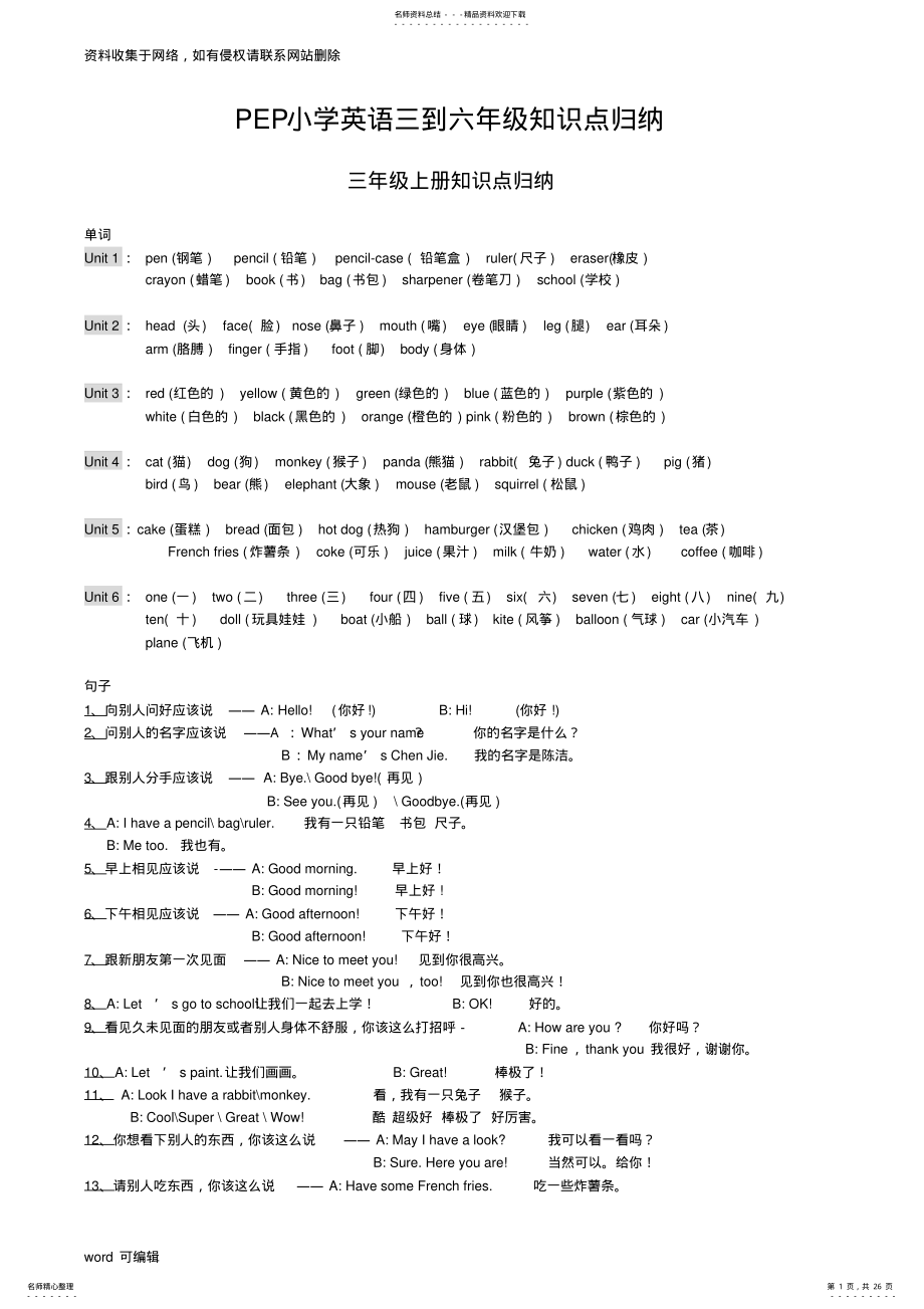 2022年PEP小学三年级到六年级英语知识点归纳-精版讲解学习 .pdf_第1页