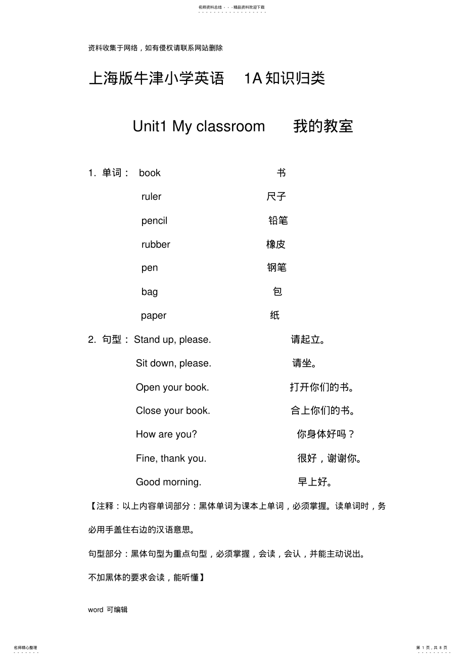 2022年上海版牛津小学英语一年级知识点总结汇编教程文件 .pdf_第1页