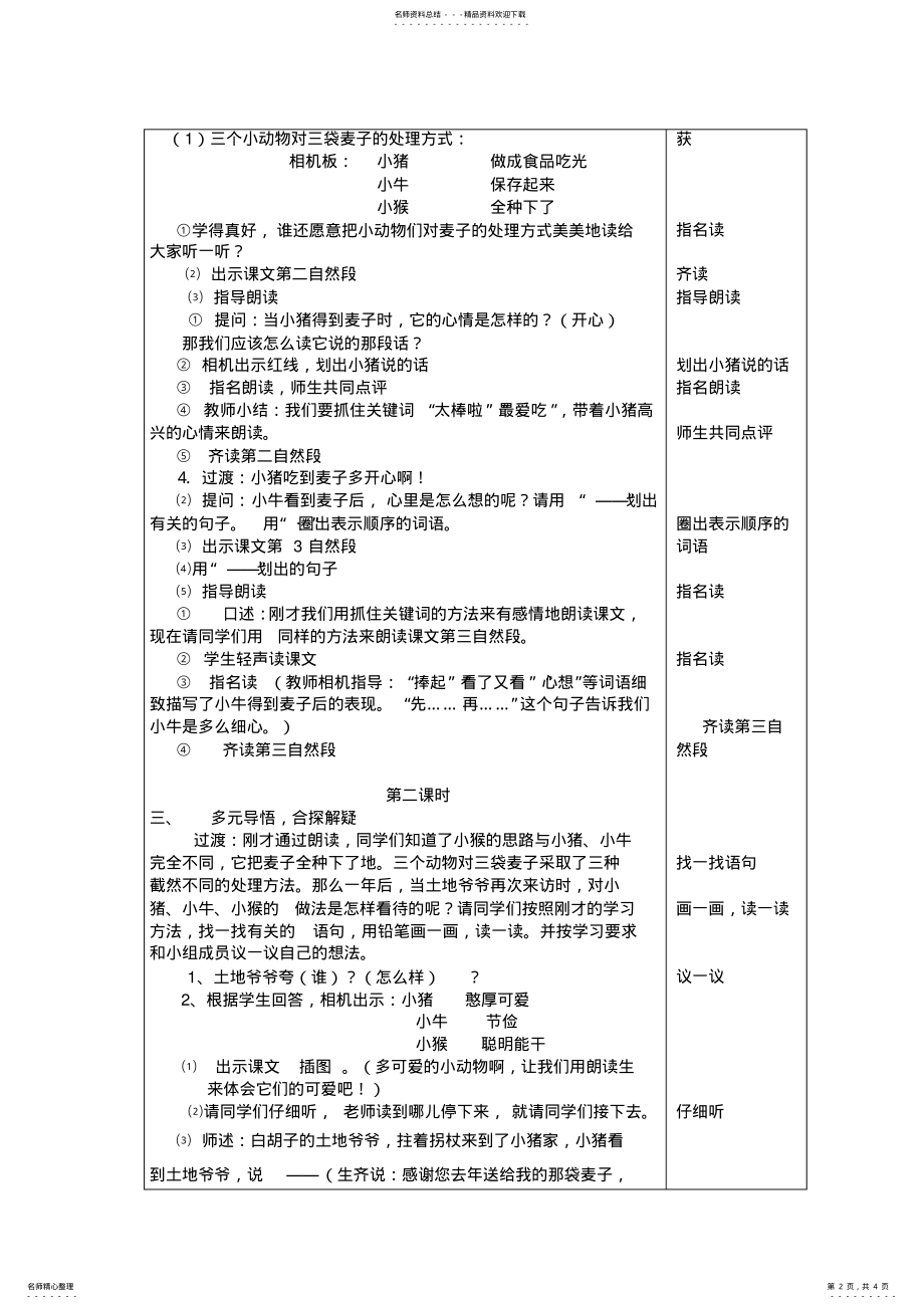 2022年三年级语文第五册《三袋麦子》教学设计 .pdf_第2页