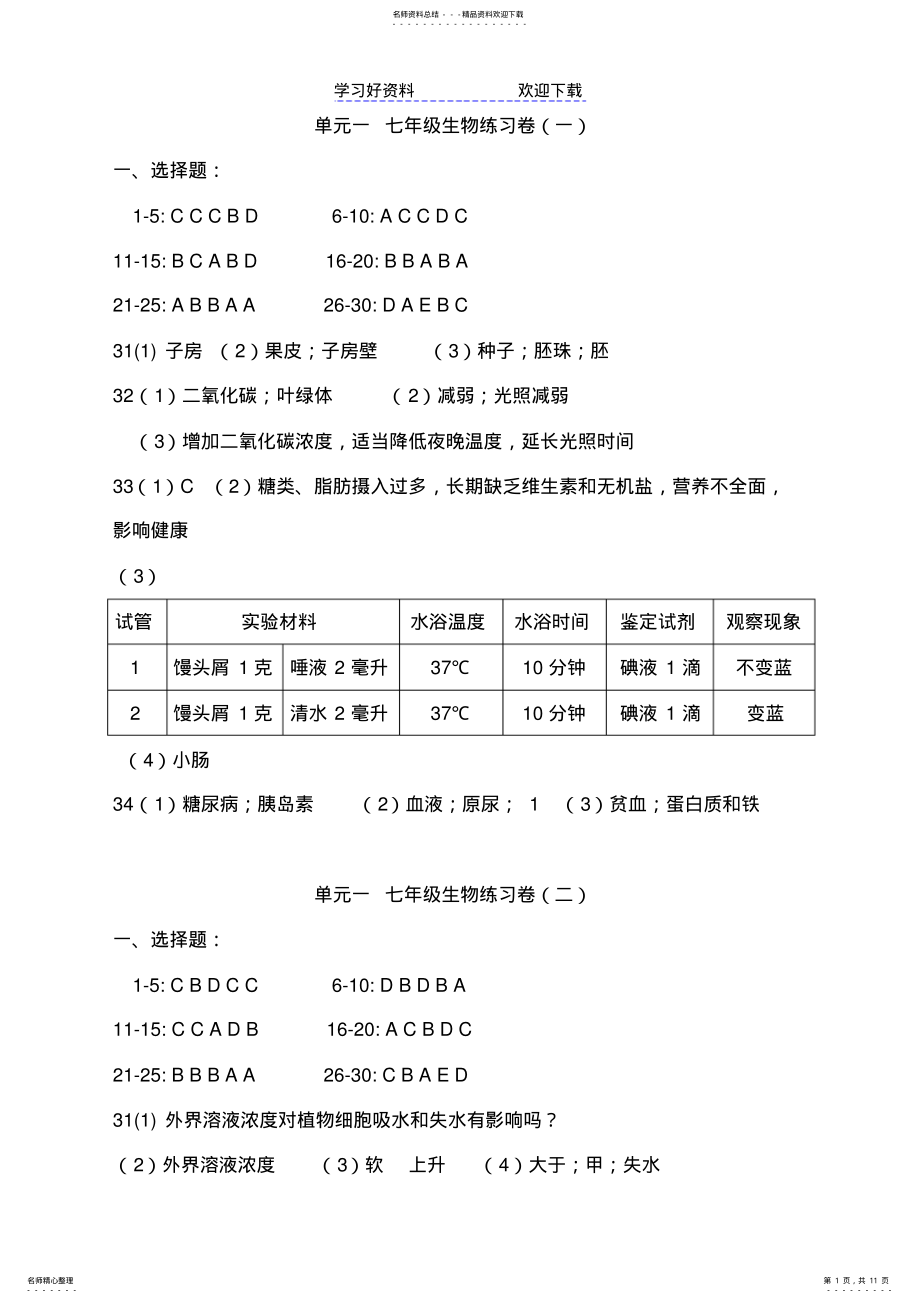 2022年生物中考说明与训练答案 .pdf_第1页