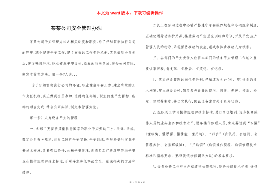 某某公司安全管理办法.docx_第1页