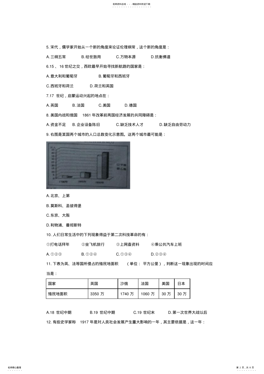 2022年上海市黄浦区高三二模历史试题及答案,推荐文档 .pdf_第2页