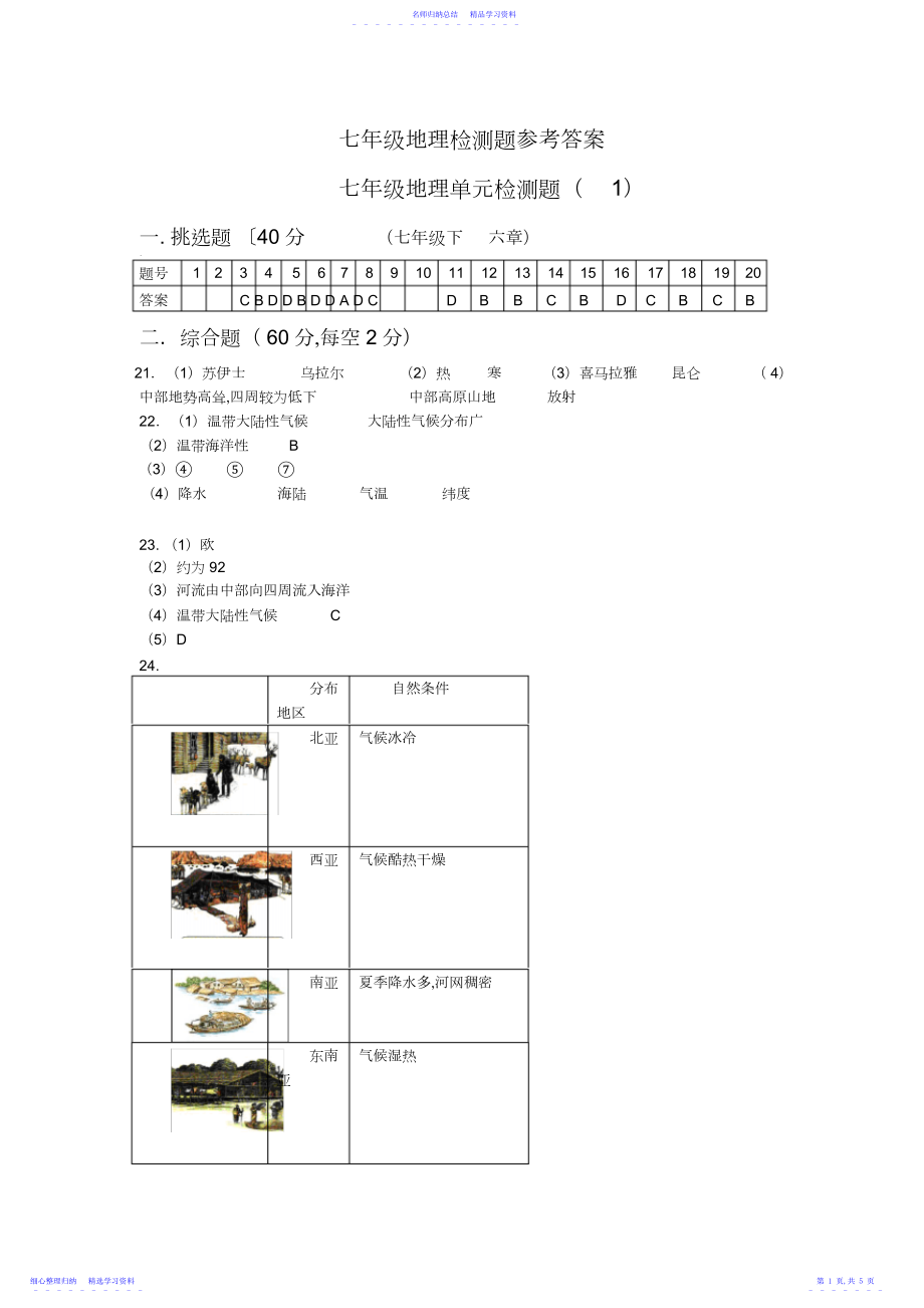 2022年七年级下地理单元检测题参考答案.docx_第1页