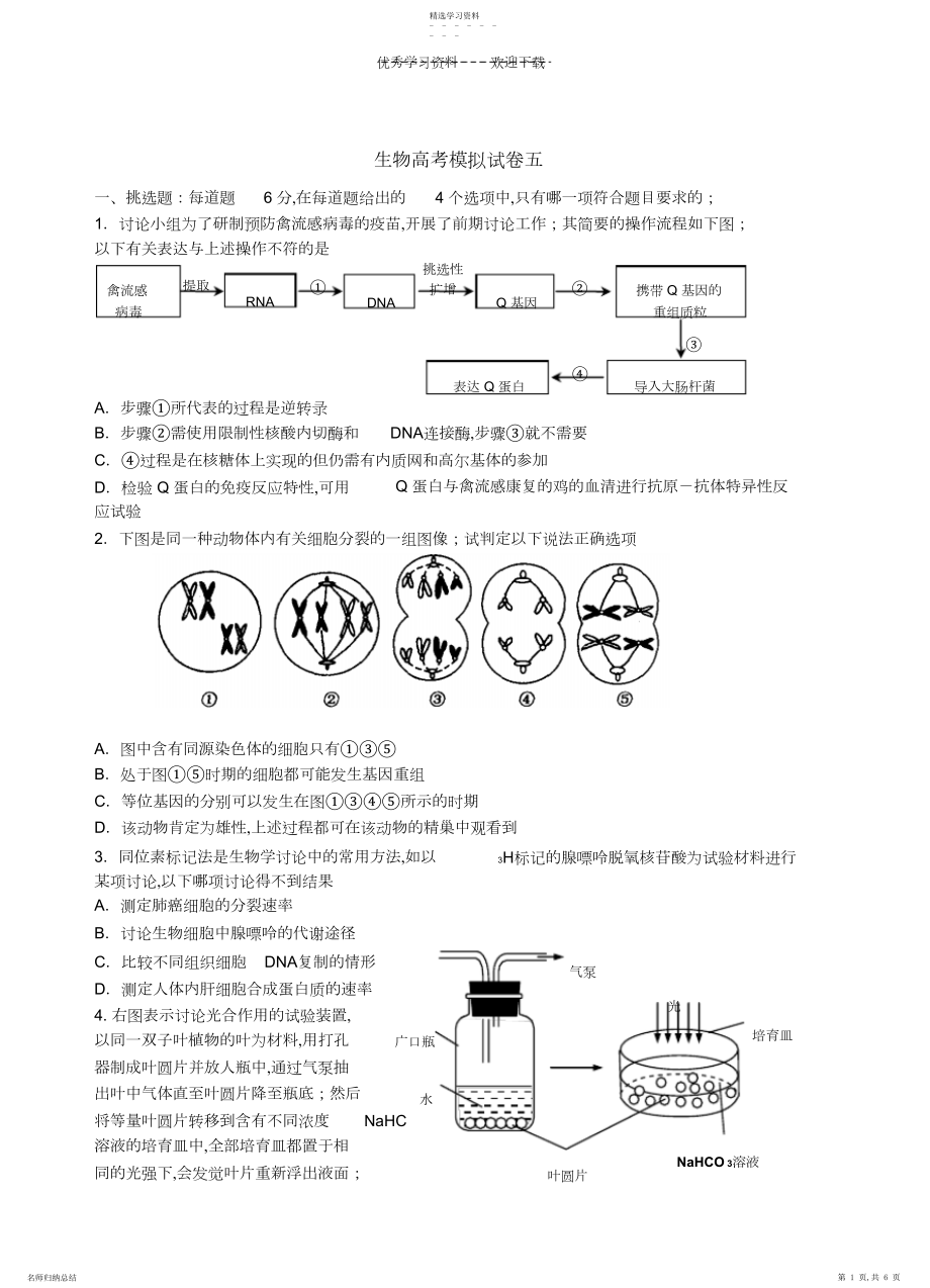 2022年生物高考模拟试卷五.docx_第1页