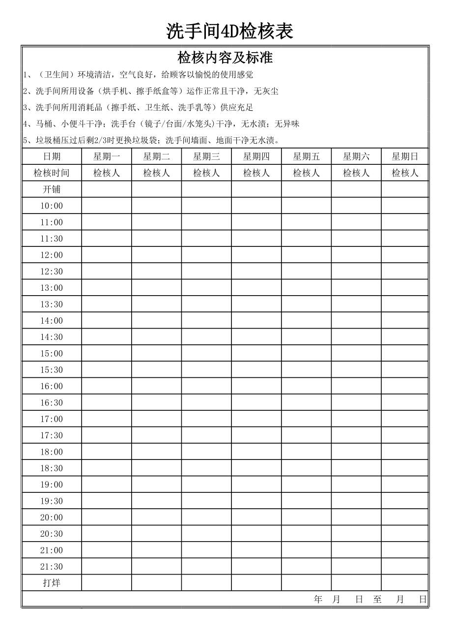 厨房制度后厨管理卫生规范标准 前厅-4D表格 洗手间4D卫生检核表.xls_第1页