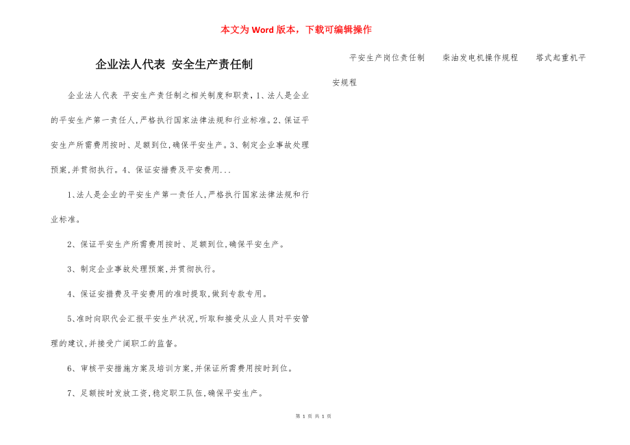 企业法人代表 安全生产责任制.docx_第1页