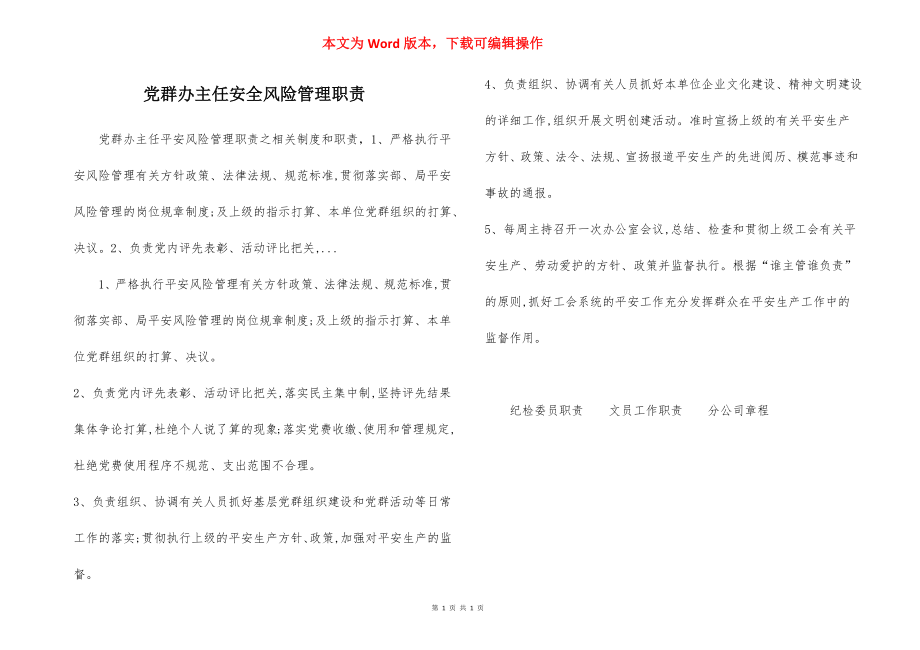 党群办主任安全风险管理职责.docx_第1页