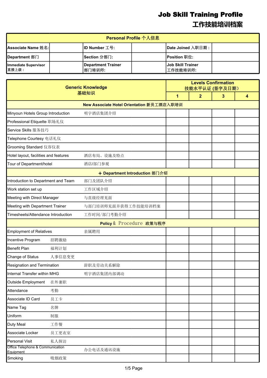 咖啡店门店技术流程管理 工作技能培训表-服务员P1.xls_第1页